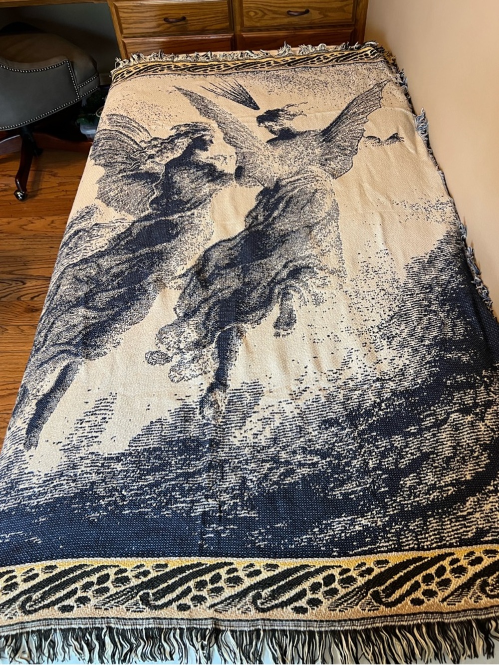 Woven Angel Motif Throw Blanket in Navy and Cream